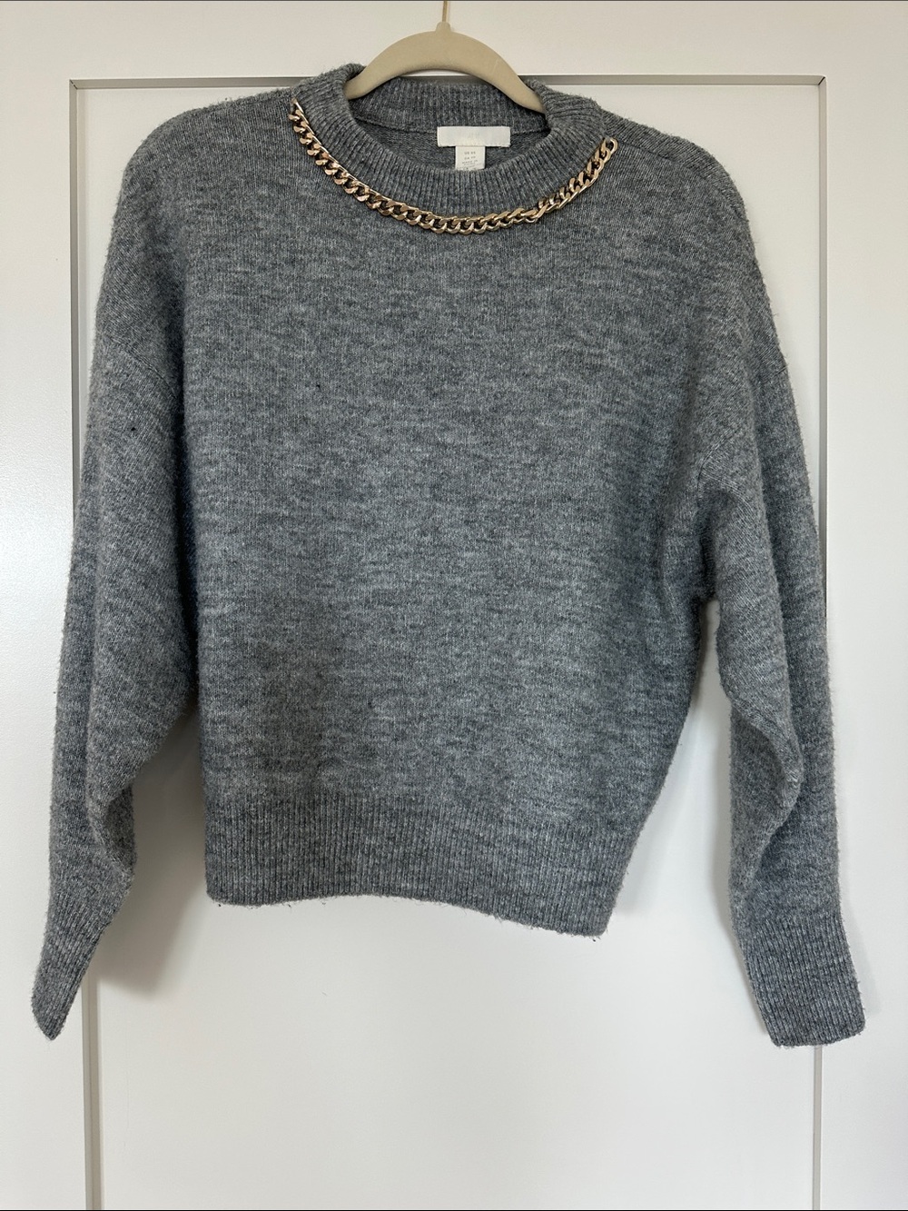 H&M Gray Crewneck Sweater with Gold Chain Accent